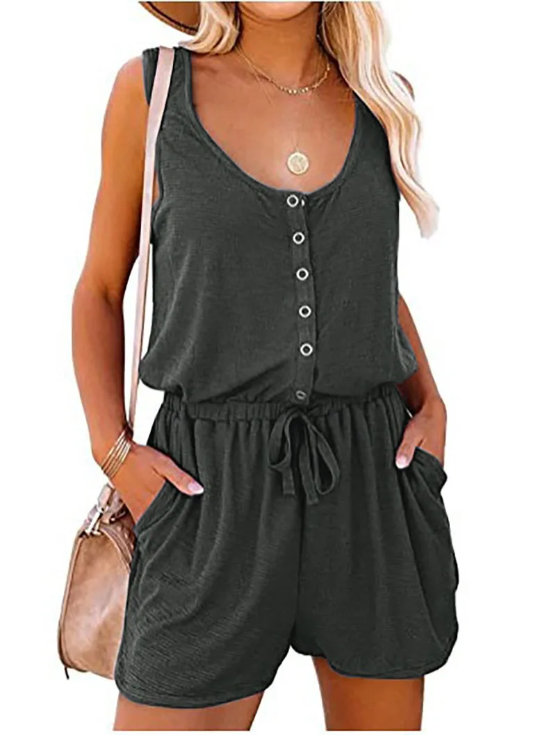 Casual Jumpsuit Women Button Up Sleeveless Elastic Waist Shorts Jumpsuit Summer Solid Color Simple Clothes