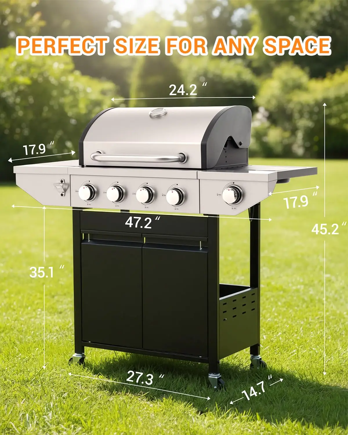 4-Burner Propane Gas BBQ Grill with Side Burner, 46,500 BTU Output Stainless Steel Barbecue Grill with Enameled, Customized