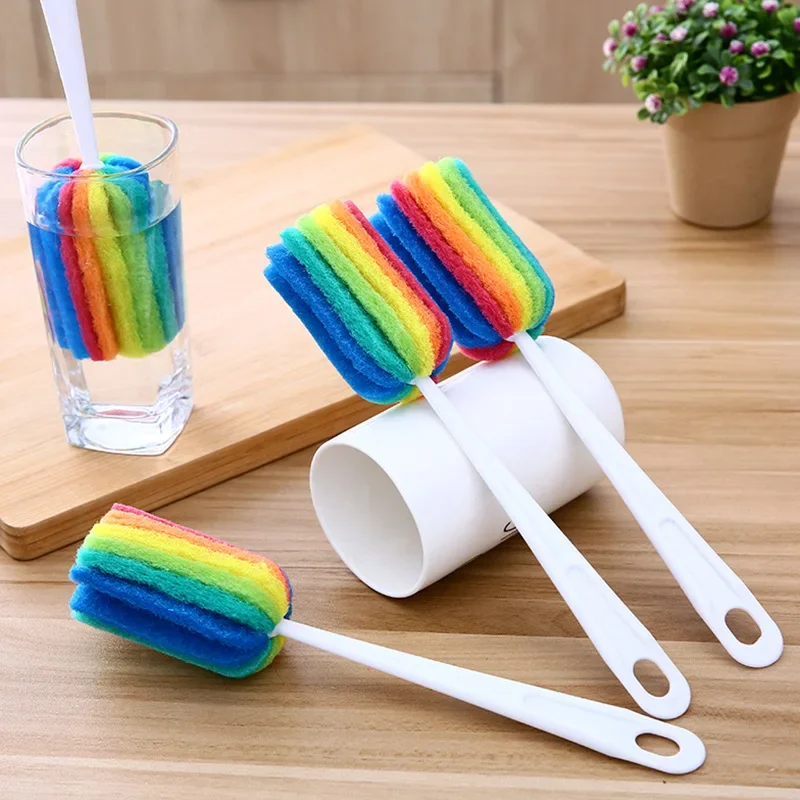 1PC Rainbow Sponge Brush Water Bottle Cup Mug Glass Washing Sponge Cleaning Brush Scrubber with Handle Cleaning Utensils