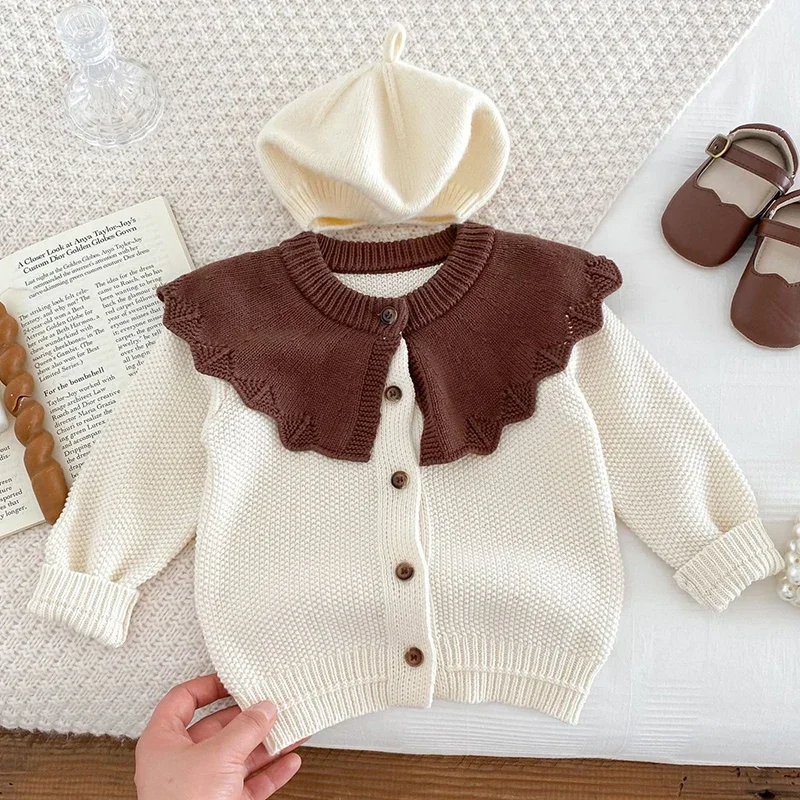 

Toddler Baby Girl Knitting Cardigan 2024 Autumn Korean Style Newborn Baby Girls Sweater Coat Ruffled Collar Knit Cardigan Coat