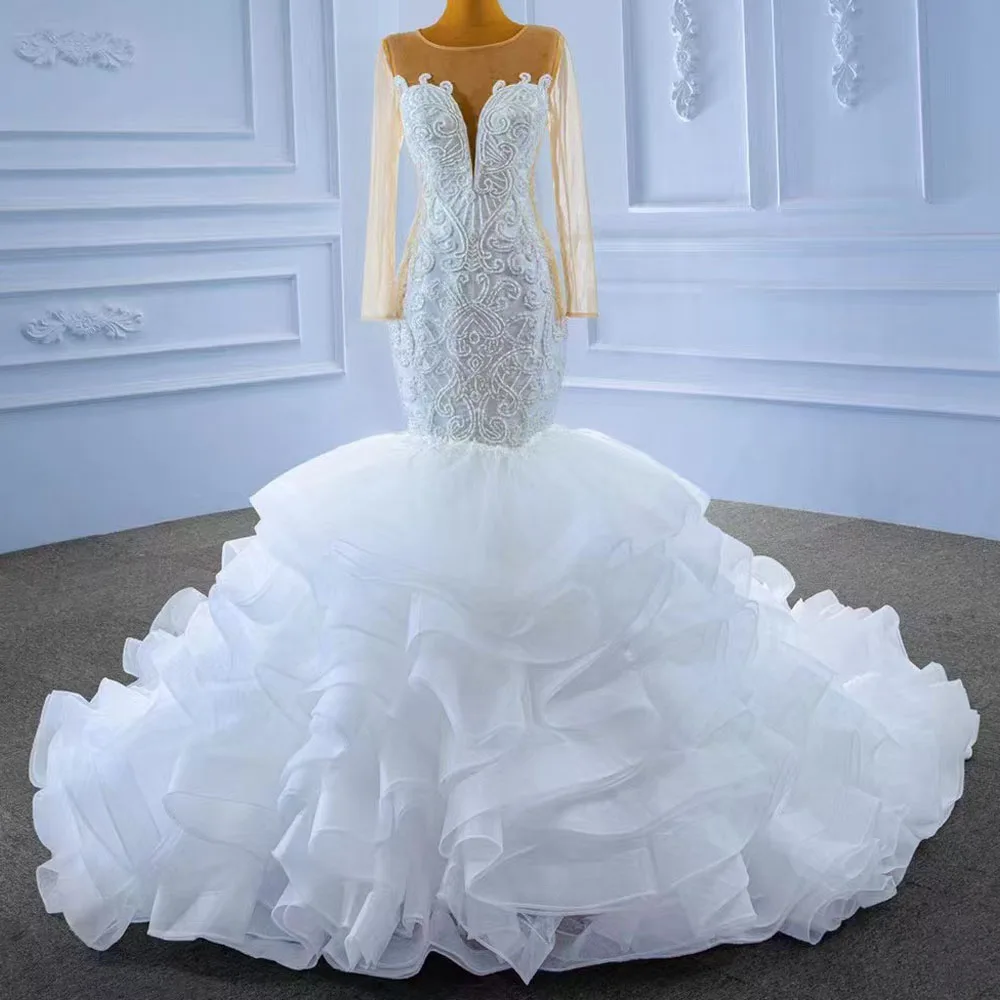 

Mermaid Wedding Dress O-Neck Long Sleeves Lace-Up Back Customizable Embroidery Ruffles Bridal Gown