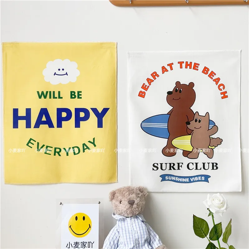 VIKAMA Ins-Style Hanging Cloth, Yellow Smiling Face Cartoon Oil Painting Bear Tapestry, Birthday Cake Photo Background Cloth