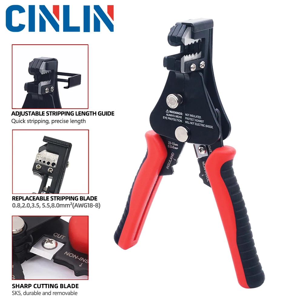 Multifunctional Wire Stripper Stripping Range 0.8-8mm AWG18-8 With Thread Trimmer & Terminals Crimping Pliers Electrician Tools