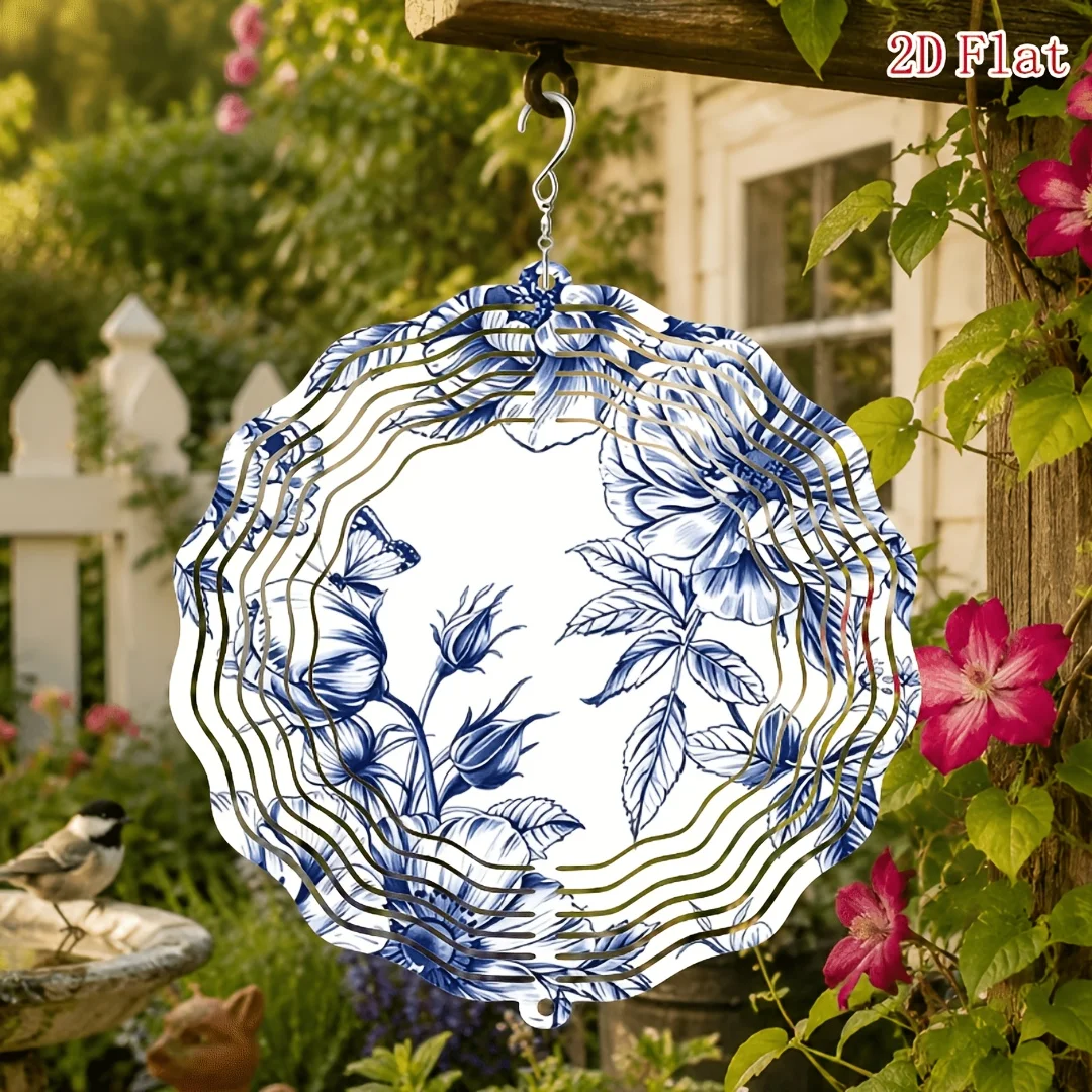 CIFBUY Degree Rotating Wind Spinner Garden Art Metal Kinetic Wind Chime Vintage Blue Porcelain Pattern Outdoor Yard Patio Decor