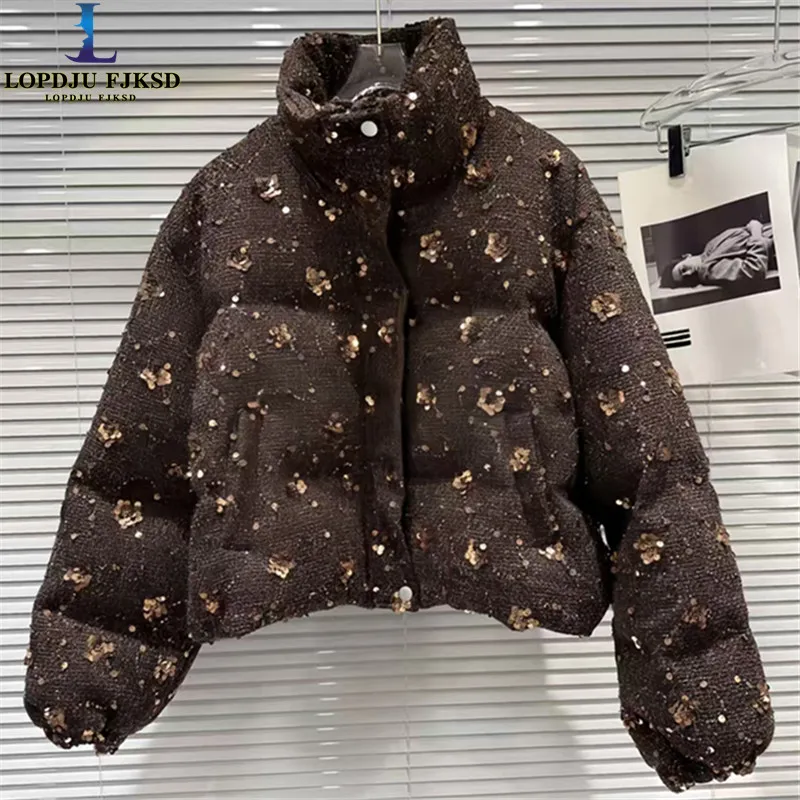 Women's Sequins Coat,Korea Cotton Jacket,Stand Collar Parkas,Zippers Oversize,Female Clothing,Winter,New,2026