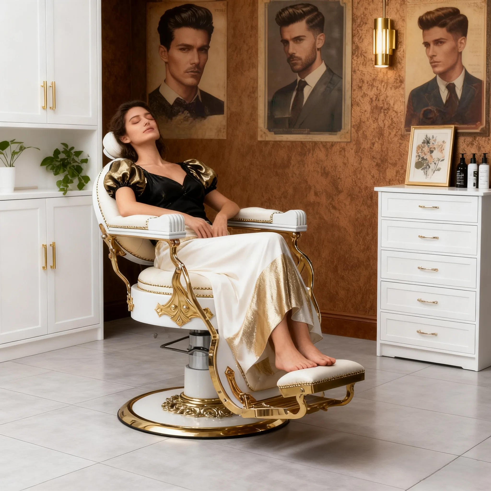 Luxury White Gold Leather Barber Shop Styling Shaving Chair Hydraulic Pump Round Base Hairdressing Chair for Sale