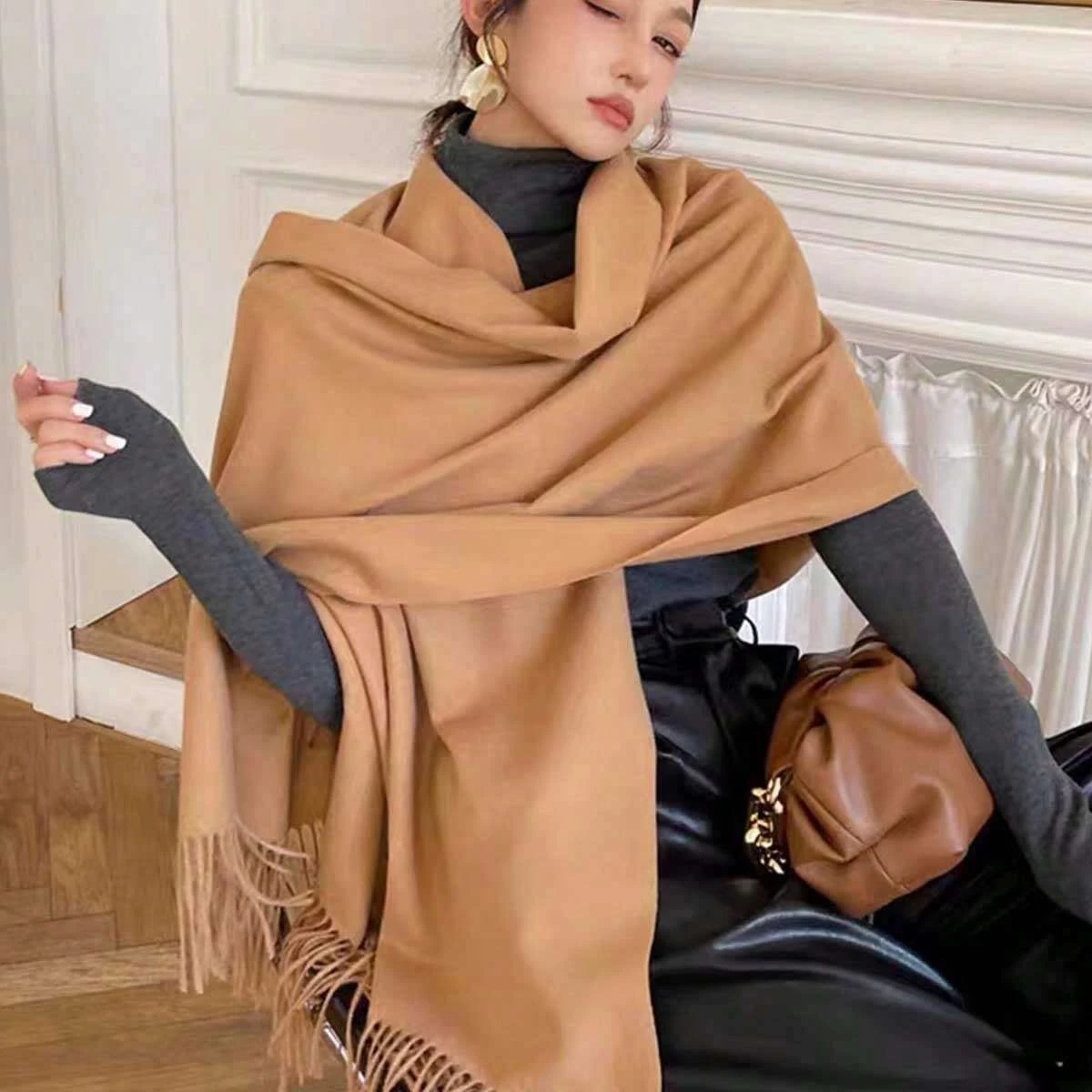 Women Solid Scarf Cashmere Feeling Pashmina Shawls Tassel Hijab Head Wraps Femme Thin Spring Winter Scarves Foulard Bufanda