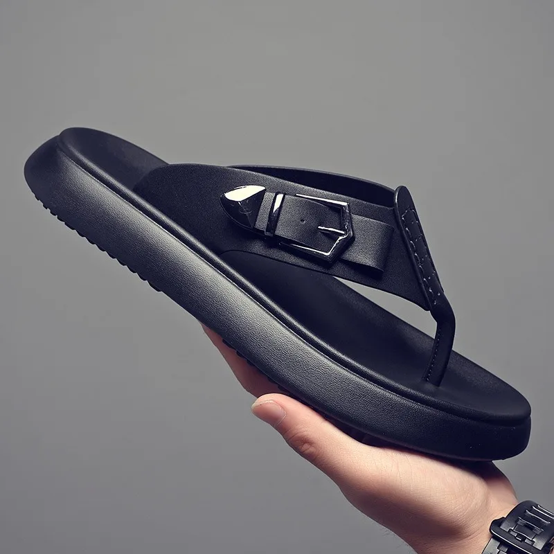 

Quality Men Slippers Luxury Cowhide Leather Slippers Outdoor Casual Beach Slippers Summer Hot Sell Men Flip-flop Chanclas Hombre