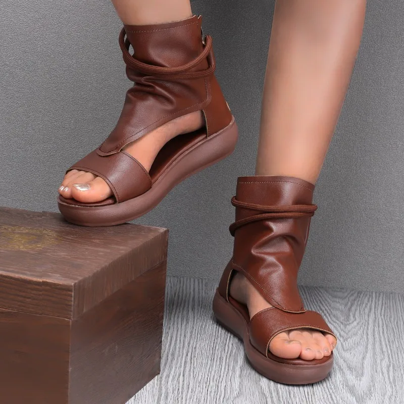 New Retro Soft PU Leather Ladies Cool Boots 2024 Fashion Women Sandals Summer Fish Mouth  Wedges Mid Heels Shoe Sandalias