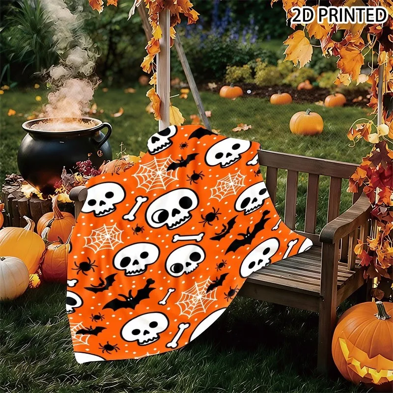 Playful Halloween-Themed Seamless Pattern Throw Blanket, Orange - Speckled (White) with Skulls, Bats, Spiders, Webs & Bones, Mul
