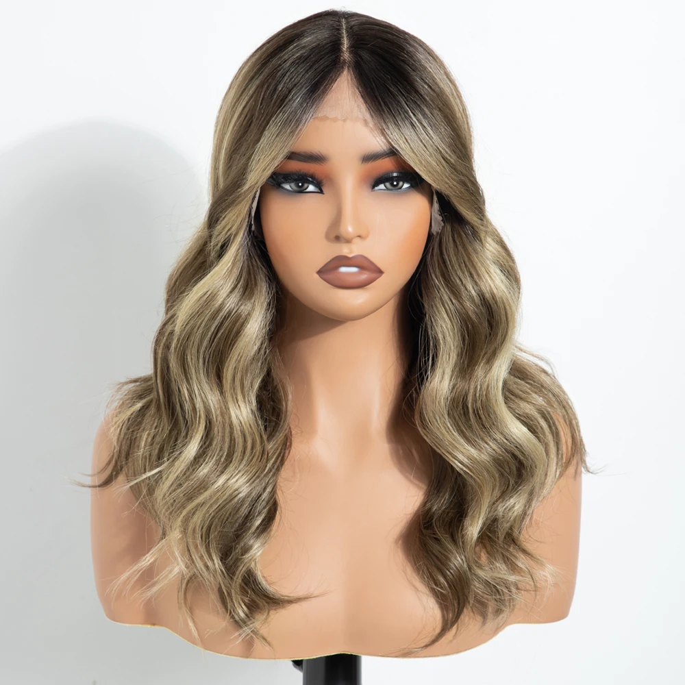 FREEDOM Synthetische Lace-Front-Perücken für Frauen, 18 Zoll, Ombre Braun-Braunblond, gewellte Perücke mit Pony, Highlight-Perücke für den täglichen Gebrauch – Detail 4