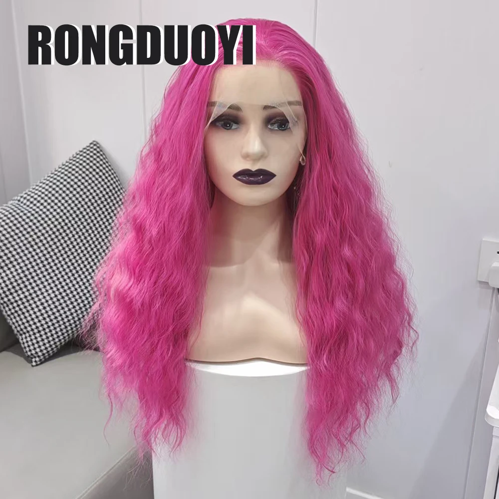 RONGDUOYI Rose Pink Loose Wave Synthetic Hair 13×4 Lace Part Heat Fiber Water Wavy Lace Front Wigs Women Makeup Use Pink Hair