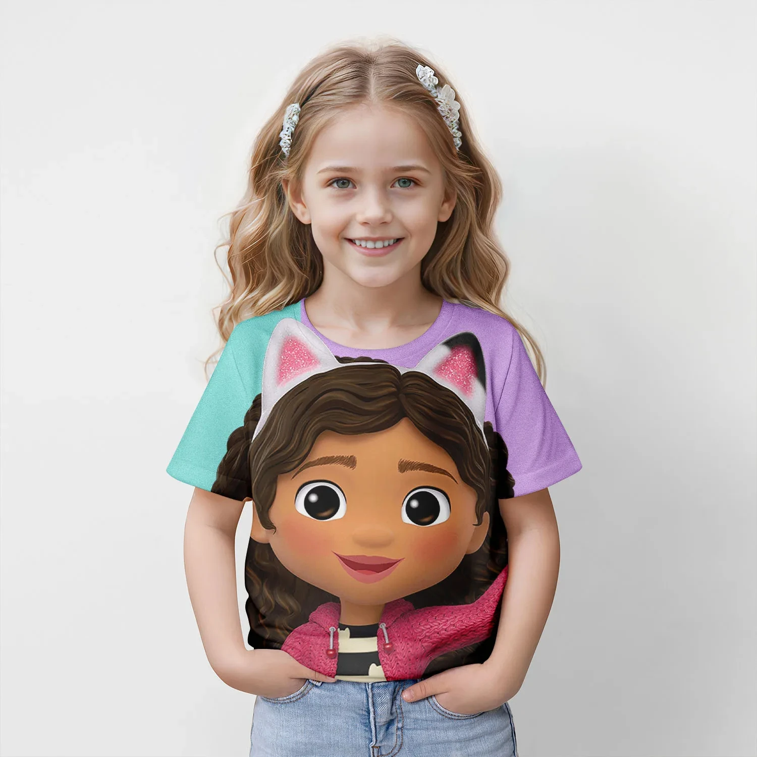 T-shirt à manches courtes imprimé dessin animé pour enfants, vêtements décontractés pour enfants, streetwear de sport pour filles, maison de courses