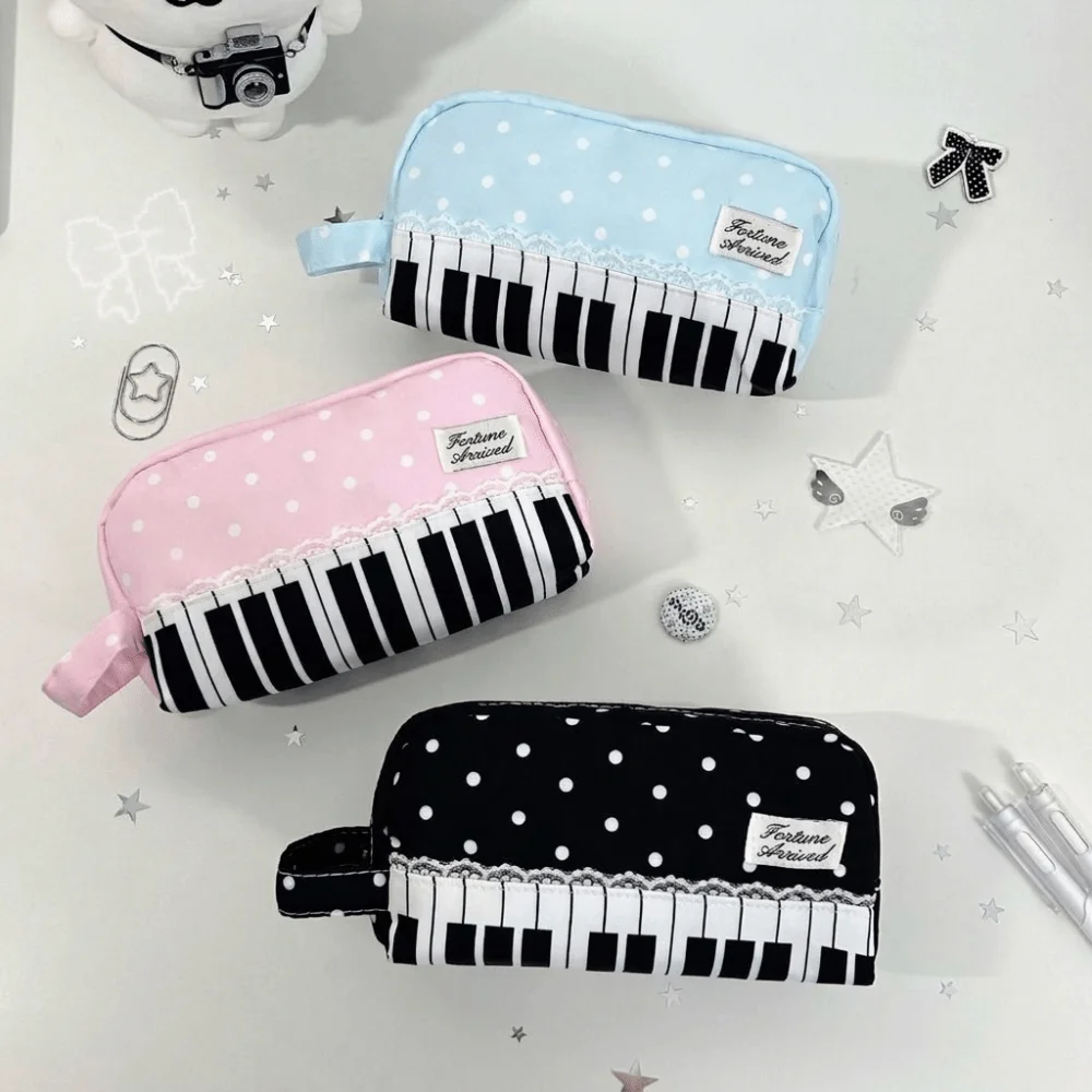Lace Piano Pencil Case With Handle Large Capacity Polka Dot Pencil Pouch Multi Function Makeup Bag Pen Bag Desktop Storage