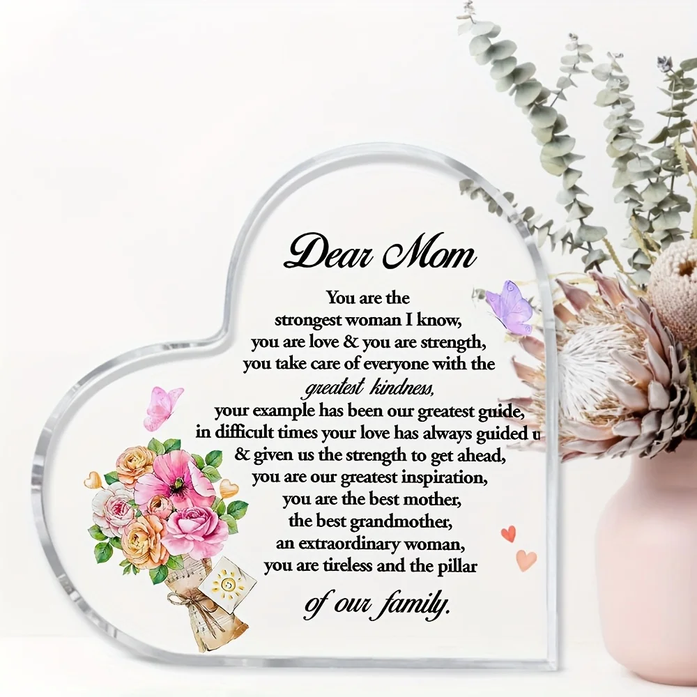 Heart Acrylic Plaque Dear Mom Floral Butterfly Gift Mother's Day Table Decor,Best Mom & Grandmother Heart Shaped Acrylic Sign Family Pillar Quote Keepsake