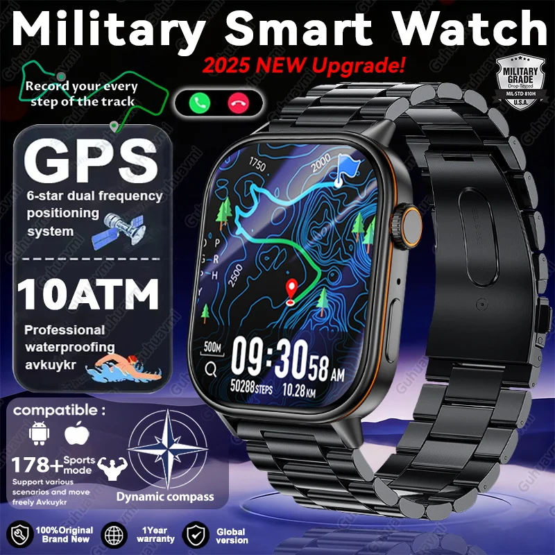 

2025 New Military GPS Smart Watches Men Run RIDE Fitness Compass Heart rate Tracker 10ATM Swim Waterproof Call 178+Sports Watche