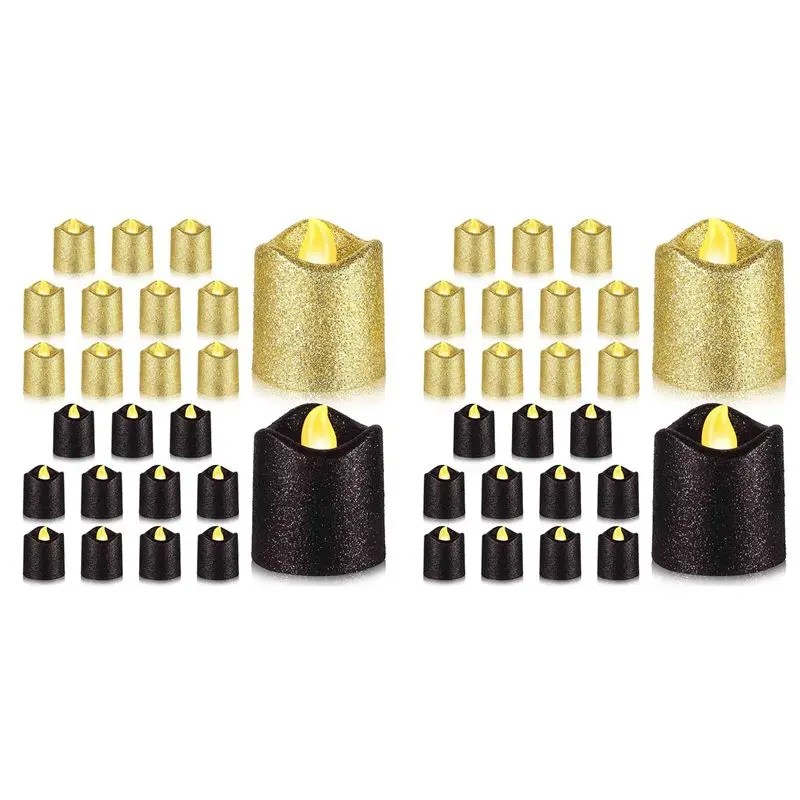 48 Packs Gold Flameless Votive Candles Black Glitter LED Tealights Battery Operated Tea Lights Warm Yellow Light Holder