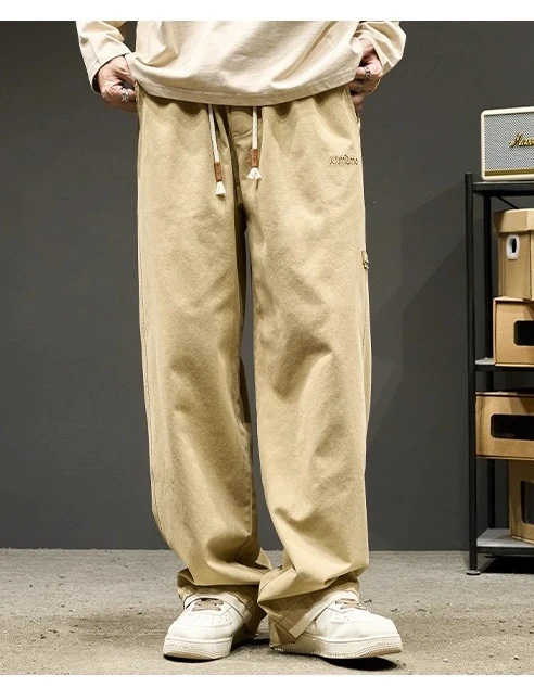 2025 Spring and Autumn New Men's Khaki Black High Waist Elastic Loose Straight Pants American Workwear Brown Velvet Long Pants