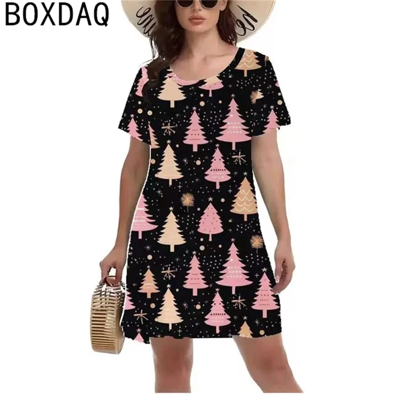 Nowa damska sukienka świąteczna 3D choinka drukuj impreza Mini sukienka z krótkim rękawem O-Neck Casual luźna sukienka trapezowa Vestidos