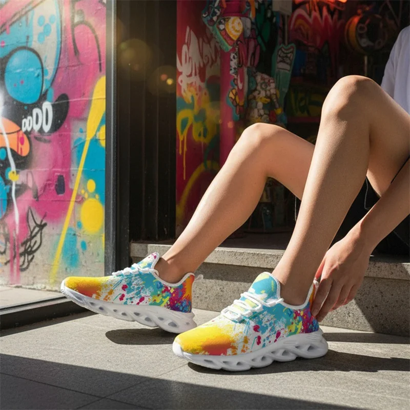 Mens Abstract Print Sneakers Color Splatter Design Casual Shoes Breathable Mesh Walking Shoe Women Lightweight Athletic Sneakers