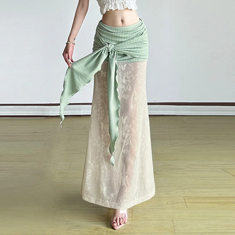 

"Zeyla 2025 Beach Lace Skirt Women's Low Waist Pleated Tie Wrap Mermaid Maxi Dress Vacation Outfit"