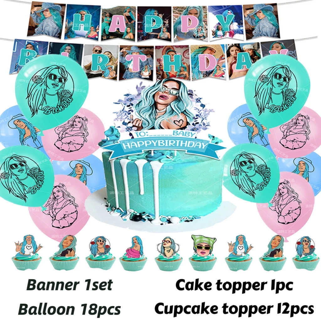 Blue Karol G Theme Girl's Birthday Party Supplies Decorative Cartoon Lantex Balloon Banner Backdrop Cupcake Topper  Kids Gif