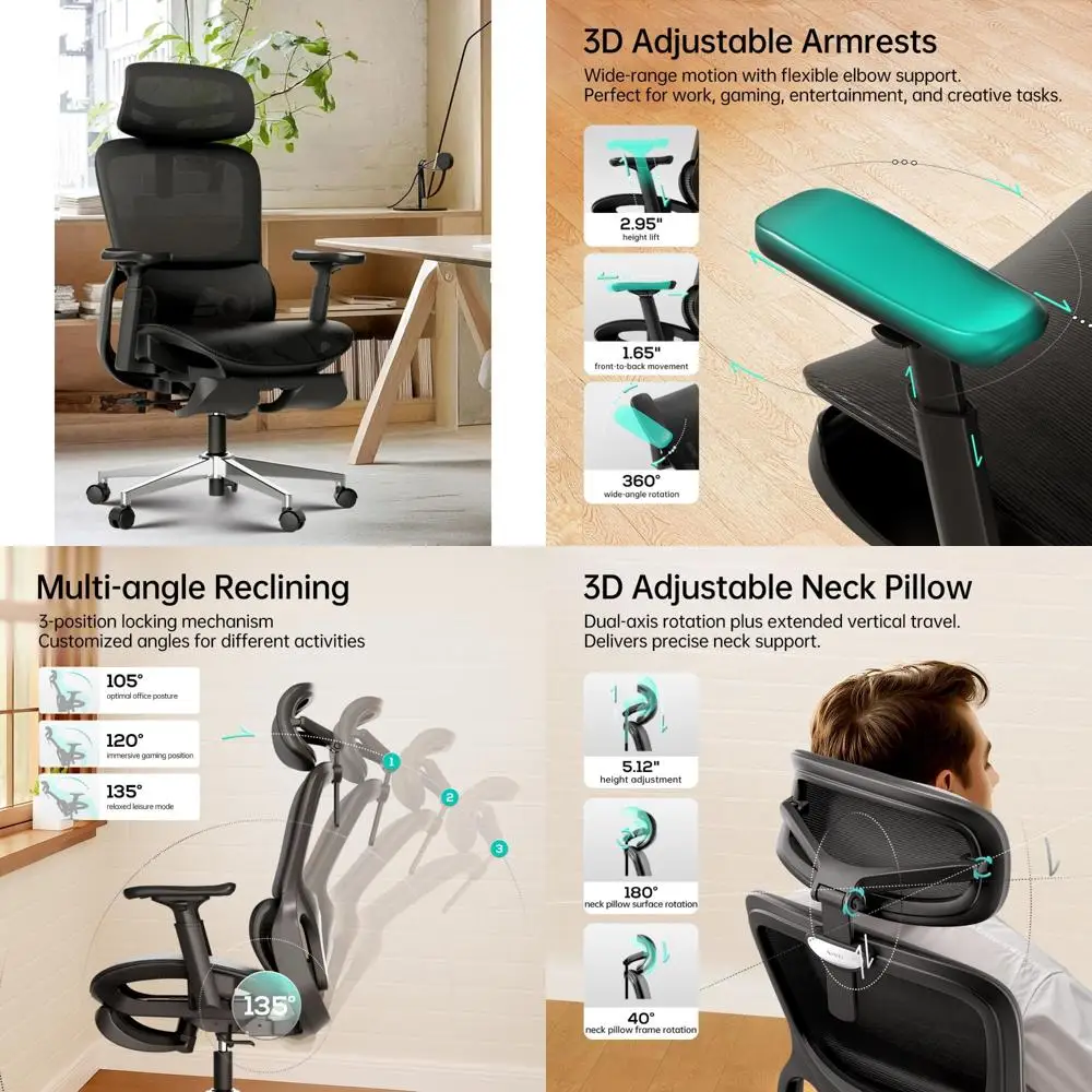 

Ergonomic Office Chair by Hbada: 3D Lumbar Support, Mesh with 360° Swivel Arms, Adjustable Headrest, 135° Recline