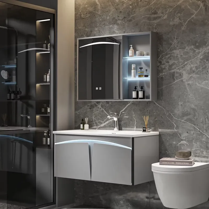 Elegant Multilayer Wood Bathroom Vanity Matte Grey Floating LED Defogger Mirror Cabinet Ceramic Basin for Compact Home