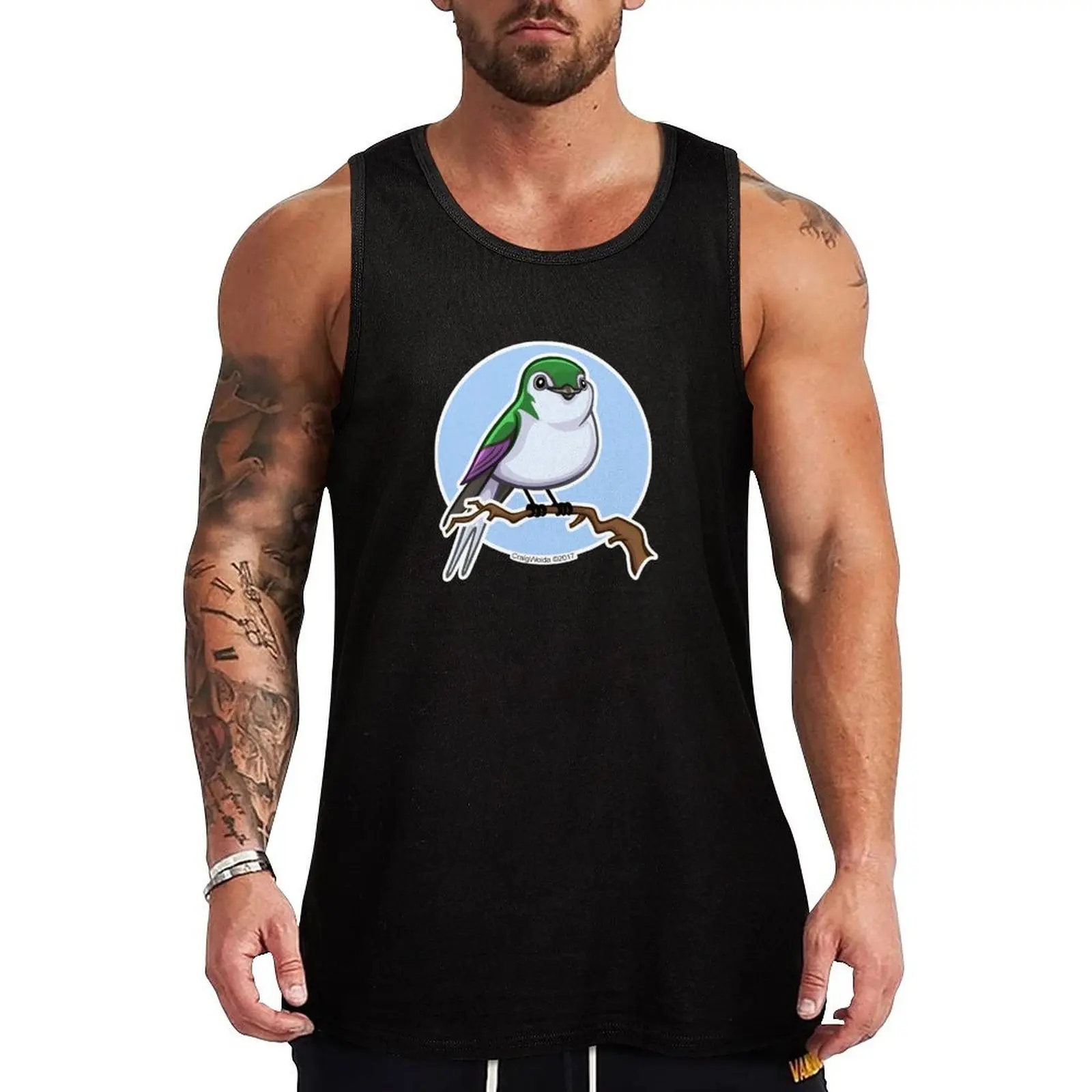 

Violet Green Swallow over Blue Tank Top Moisture Wicking Tank Top Workout Gym Athletic Shirt