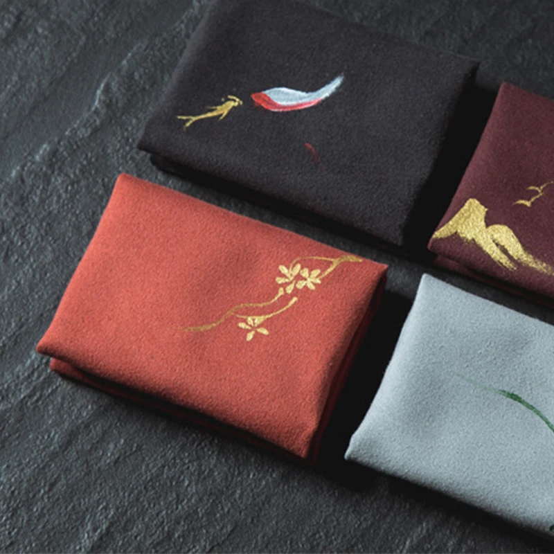 Vintage Embroidered Tea Napkins Cloth Fish Plum Flower Pattern Bowl Teapot Cleaning Towels Kongfu Tea Ceremony Accessories