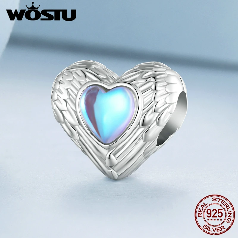 WOSTU 925 Sterling Silver Rainbow Moonstone Beads Heart Charms Angel Guard Pendant Fit Original Bracelet DIY Neckalce