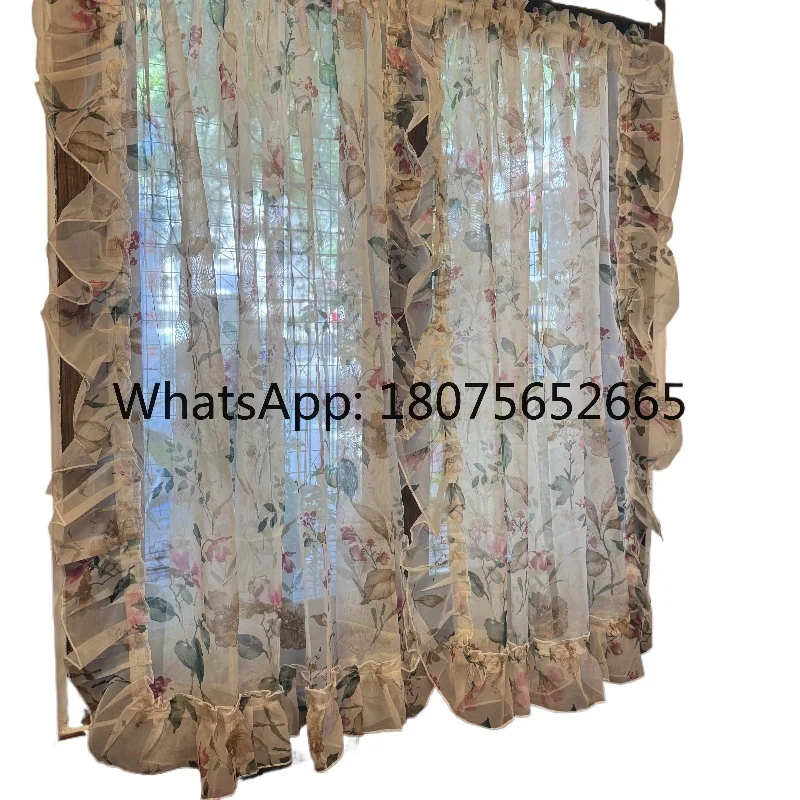American pastoral floral rufflesretroprinting gauze curtain living room dopamine bay window punch-free door curtain