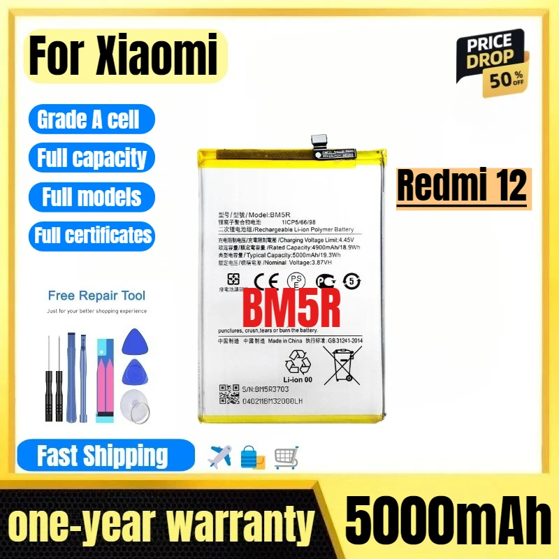 

BM5R for Xiaomi Redmi 12 Mobile Phone Battery High Quality High Capacity Battery Replacement Bateria Grade A Cell with Tools