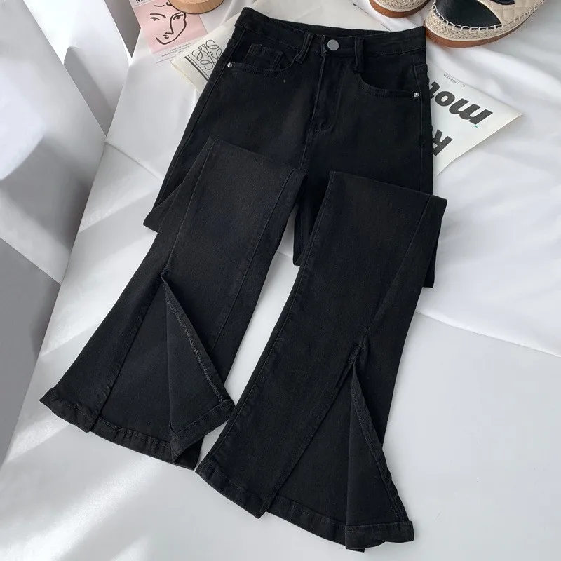 

Женские джинсы с высокой талией, прямые, из черного денима, эластичные, утягивающие, слегка расклешенные, из хлопкового стрейч-денима, длиной в пол