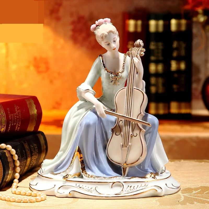 

Porcelain Retro Lady Cello Player Figurine Ceramic Music Character Statuette Artwork Gift Craft Ornament Accessories Furnishing