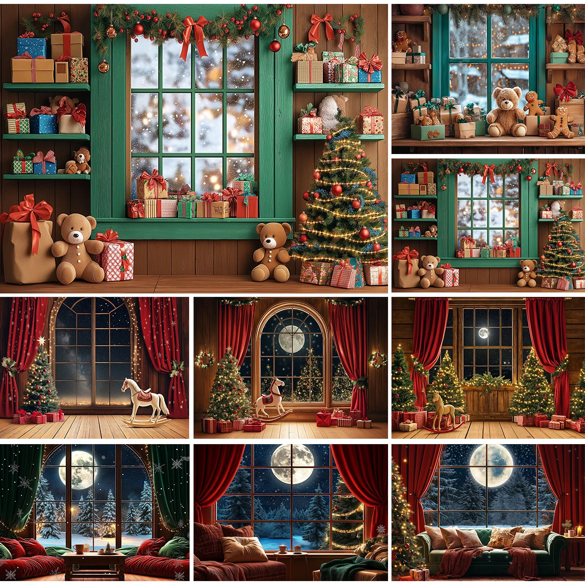 

Christmas Large Window Photography Backdrop Winter Forest Moon Night Background Xmas Tree Adult Kids Portrait Photo Studio Props