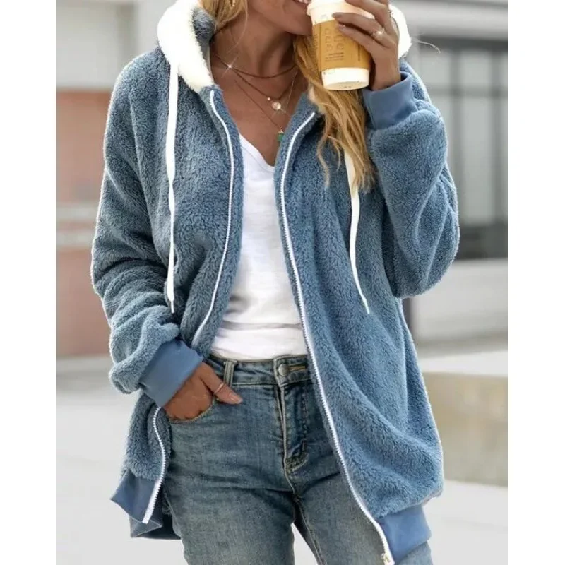 Women Autumn Winter Loose Plush Zipper Hooded Jacket Coat Warm Fashion Casual Jacket Outwear