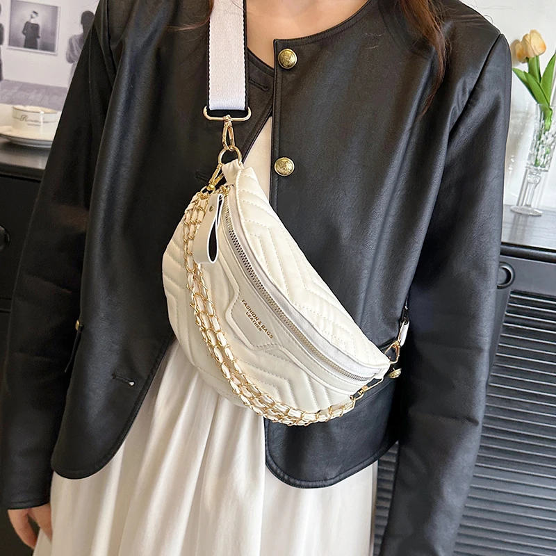 Chain Waist Bag For Women Fashion Fanny Pack Pu Leather Belt Bag  Black Female Crossbody Chest Bag Phone Purse Banana Hip Bag