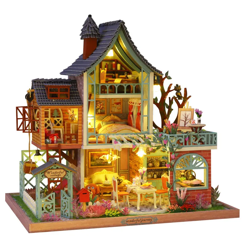 Kit di costruzione in miniatura per cottage resort nella giungla in legno fai-da-te Case delle bambole con mobili Casa Case delle bambole per amici Regali di compleanno