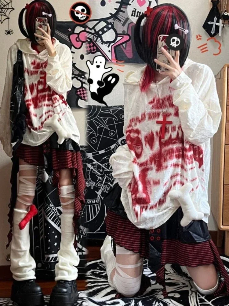 HOUZHOU Y2k Gothic Vintage Women Hoodies Harajuku Print Japanese Fashion Hooded Pullovers Loose Long Sleeve Grunge Streetwear