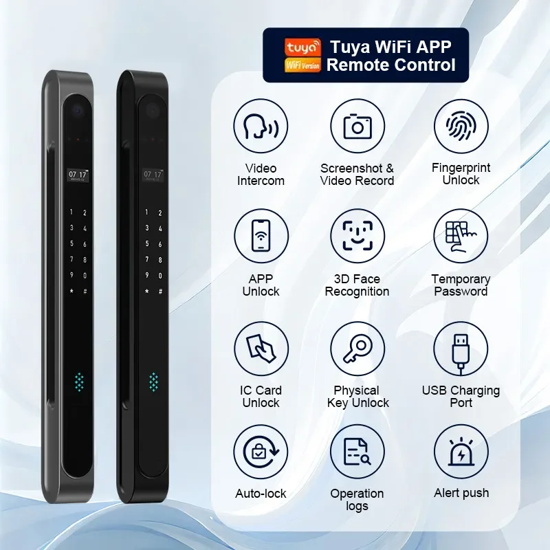 Smartier Digital Lock Wifi Tuya Control Face Card Fingerprint Intelligent Electric Aluminum Sliding Smart Door Lock With Camera