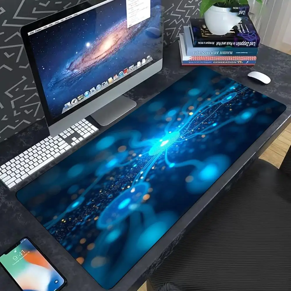 Blue Red Tech Glow Large Desk Mat, Abstract Neon Light Particle Pattern Non Slip Rubber Gaming Mouse Pad for Office Desktop