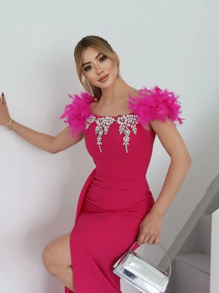 Chic สีดํา Off-Shoulder Beaded & Feather-Accent แยกชุดผ้าพันคอ Saudi Arabric อย่างเป็นทางการงานแต่งงาน Vestidos ชุดราตรี