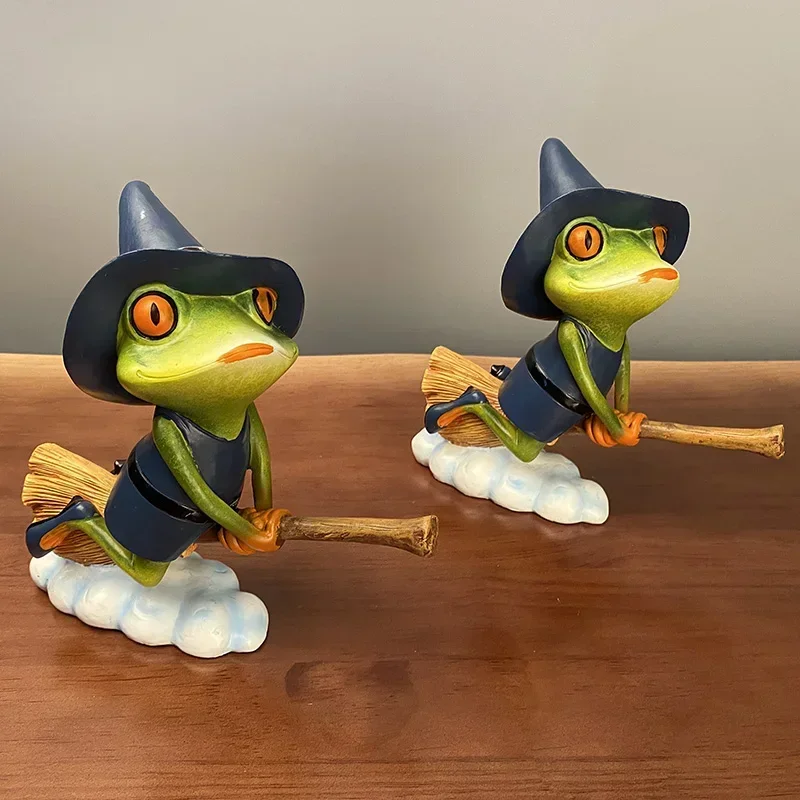 

Resin Magic Witch Broom Frog Figurines for Interior Broomstick Charm Halloween Living Room Decoration Accessories