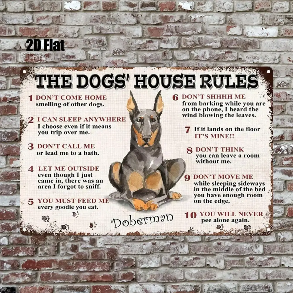 Vintage Doberman Rules Metal Sign 8x12 Inch Funny Dog Wall Art Decor for Home Bar Garage