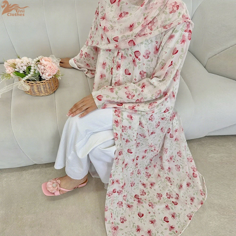Summer Ramadan Chiffon Modest Abaya Women Muslim Dress Two Pieces Set Front Open Printed Kimono Abaya With Matching Hijab Scarf