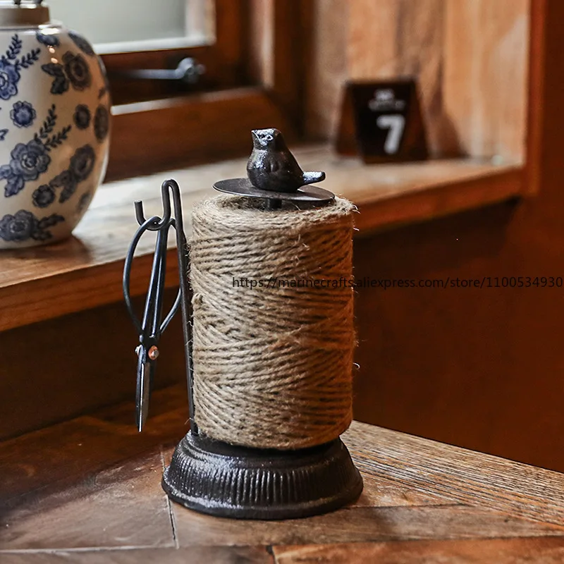 European Vintage Cast Iron Spool Bird Animal Decoration Ornament Cafe Clothing Store Display with Hemp Rope Storage