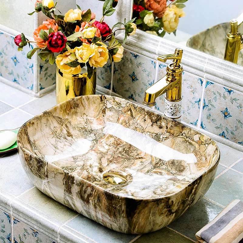 Chinese Cloakroom Counter Top porcelain wash basin bathroom sinks ceramic gold bathroom sink