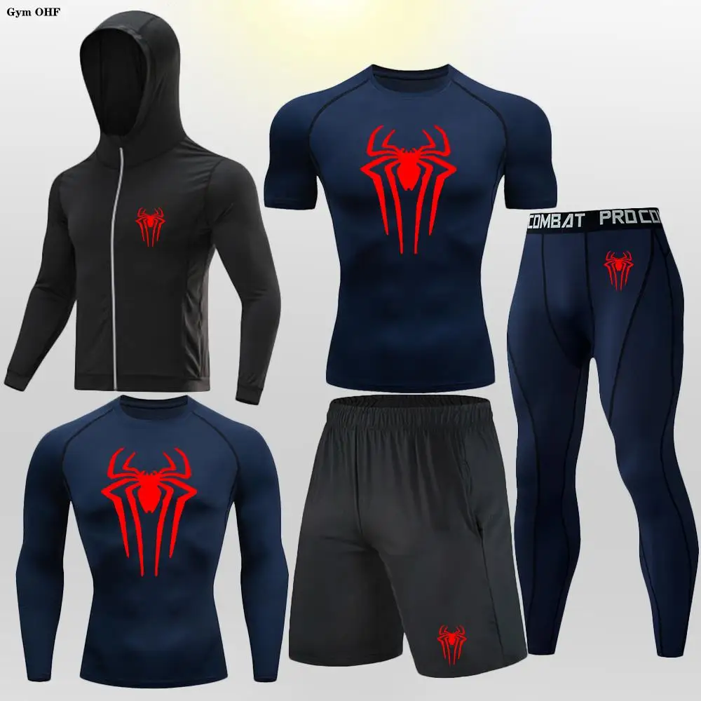 Mens Sports Training Suits Spider Compression T-Shirt Pants Sport Suit Man Gym Running Fitness Jogging Clothing Men Rashgard