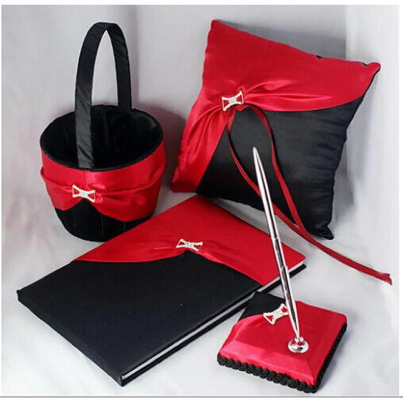 4Pcs/Set Black Satin Wedding Sets Bride Accessories Ring Pillow & Flower Basket & Guest Book & Pen  Fashion Wedding Decoration